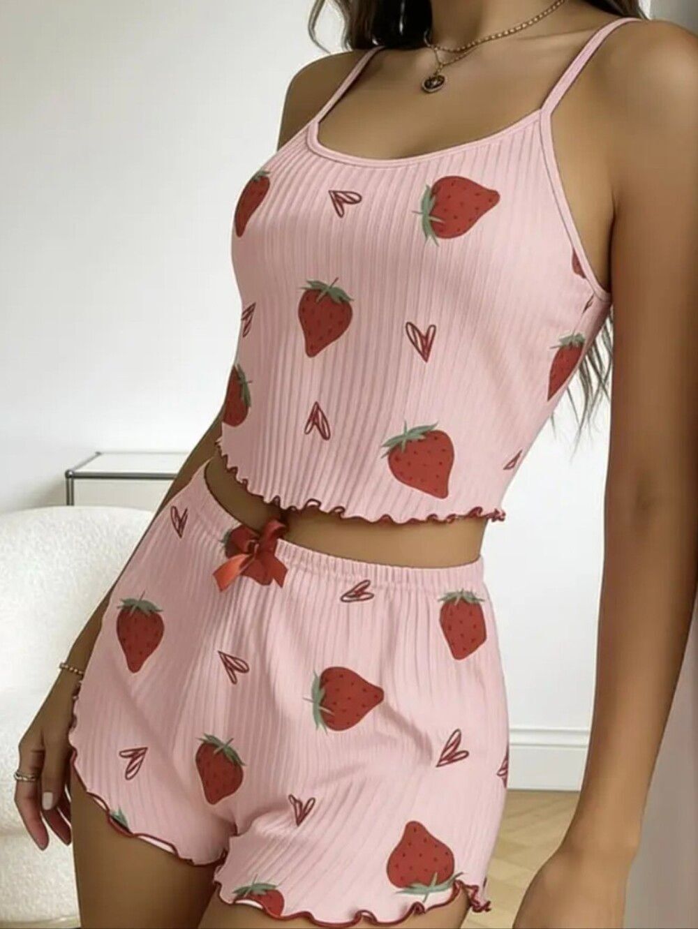 Pink Strawberry Print Sleep Shorts And Matching Crop Top Sz L Runs small